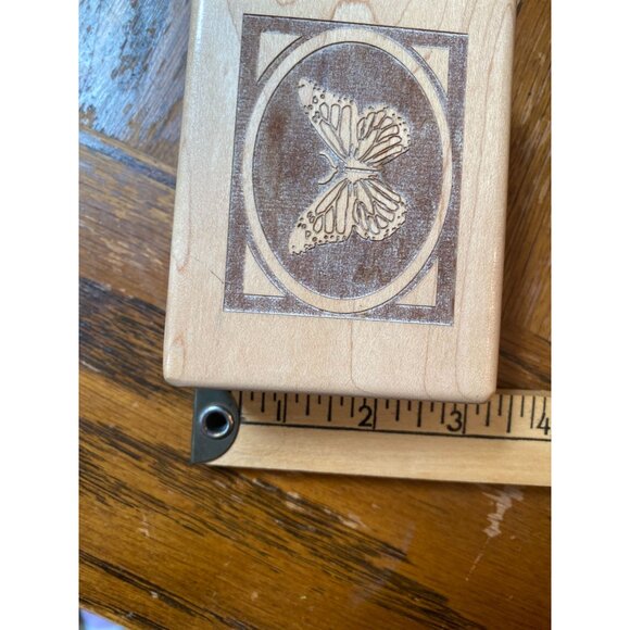 Small Natural Wood Butterfly Engraved Trinket Box With Hinged Lid & Black Lining - Picture 5 of 9